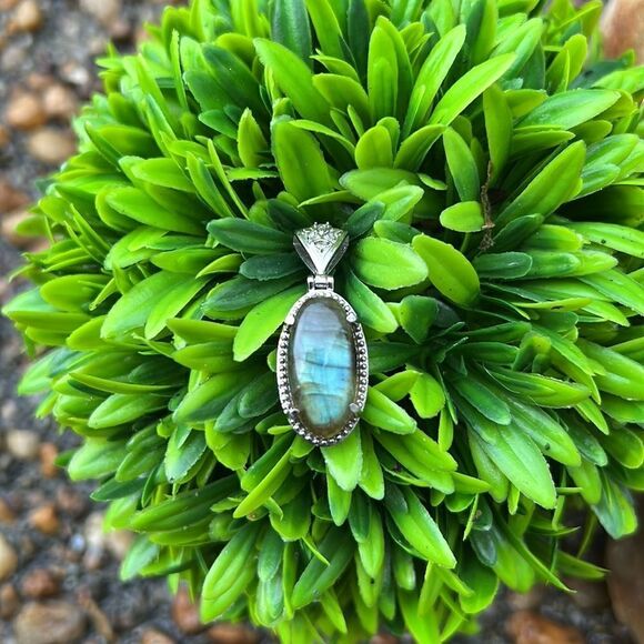 NIB Malagasy Labradorite & Peridot Solitaire Pendant, Stainless Steel Necklace - Picture 10 of 12